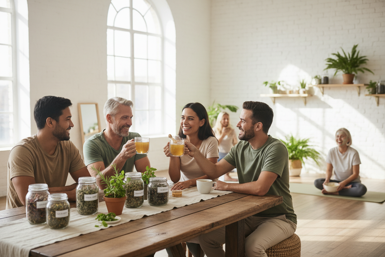 “A bright and inviting wellness scene featuring happy, healthy people enjoying a natural, holistic lifestyle. Include Evantory/Elviro Nutrition products like herbal teas, turmeric ginger blends, and honey sticks subtly integrated into the scene. Soft sunlight, natural greenery, and warm tones. Focus on community, health, and vitality, with a light, airy, and modern style suitable for a website hero section.”