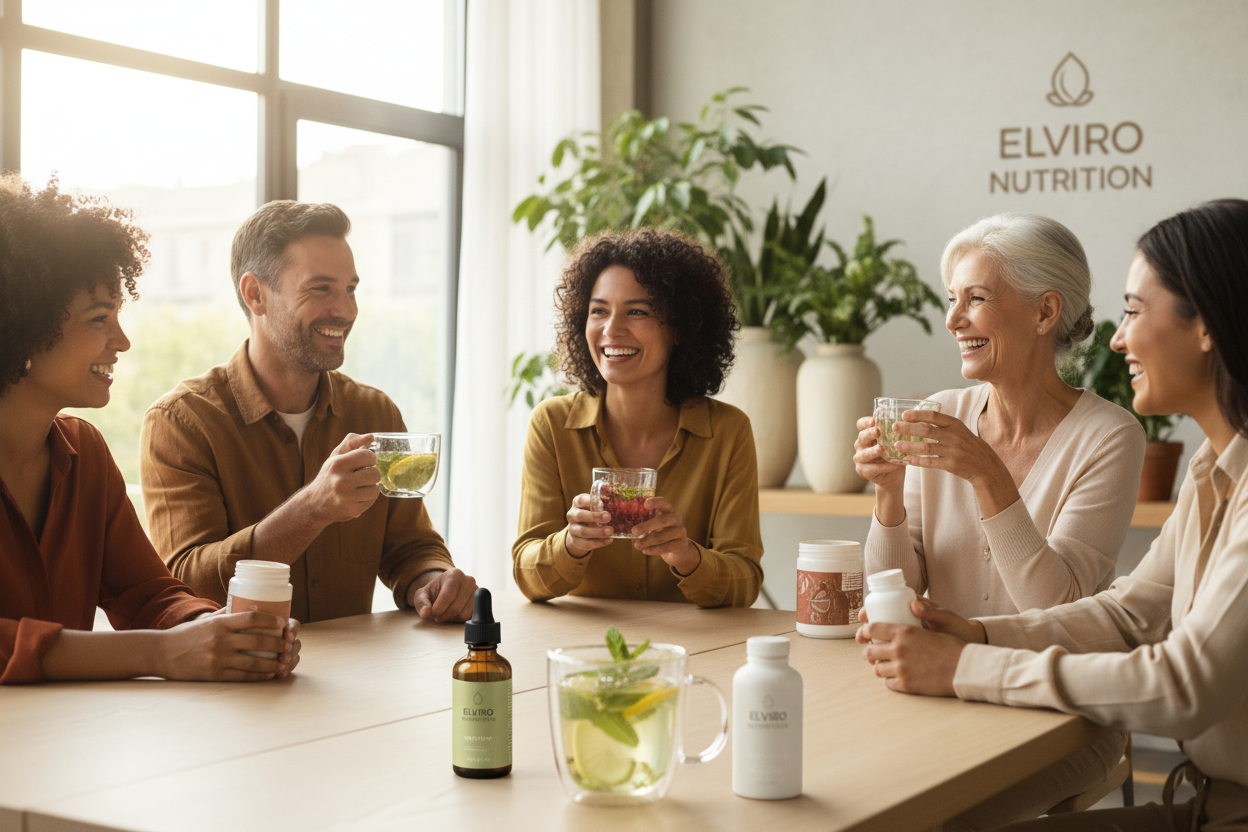 A bright, clean, and modern lifestyle image featuring happy, diverse people enjoying herbal wellness products from Elviro Nutrition. Include subtle placement of teas, detox blends, and natural supplements in the background or foreground. Soft natural lighting, warm and inviting tones, minimalistic background, emphasizing health, vitality, and well-being.