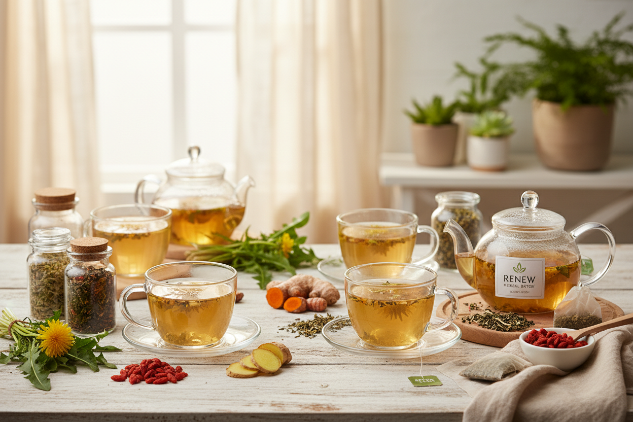 "A bright, clean, natural wellness scene for a herbal detox tea brand. Include herbal teas in cups and teapots, fresh herbs like dandelion, goji berries, ginger, and turmeric on a wooden table. Warm, inviting lighting, soft green and beige tones, healthy lifestyle vibe, calm and refreshing atmosphere, website hero image style."