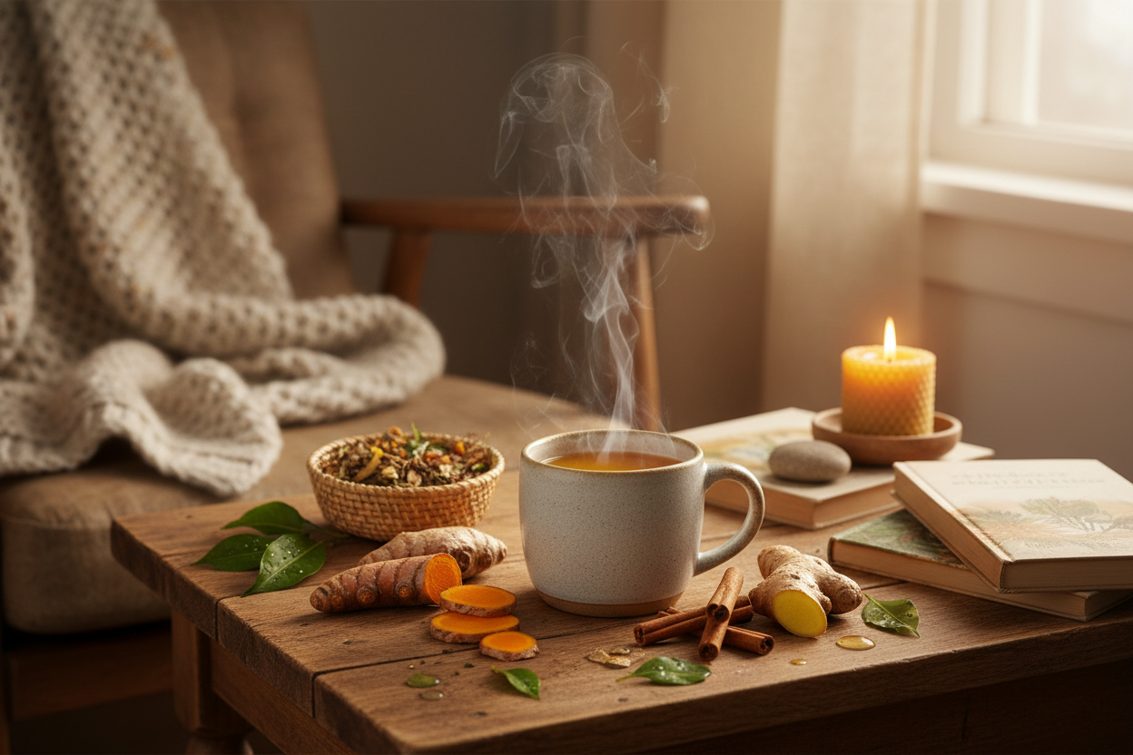 "A cozy, inviting tea scene with a steaming cup of turmeric ginger cinnamon tea on a wooden table, surrounded by fresh turmeric, ginger, and cinnamon sticks, soft morning light, warm and natural atmosphere, promoting wellness and energy."