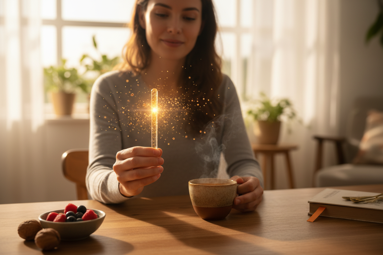 "A person starting their day energized, holding a glowing Himalayan Shilajit Honey stick with a warm cup of tea, soft sunlight streaming in, highlighting natural minerals floating around the stick, conveying vitality, focus, and natural energy boost."
