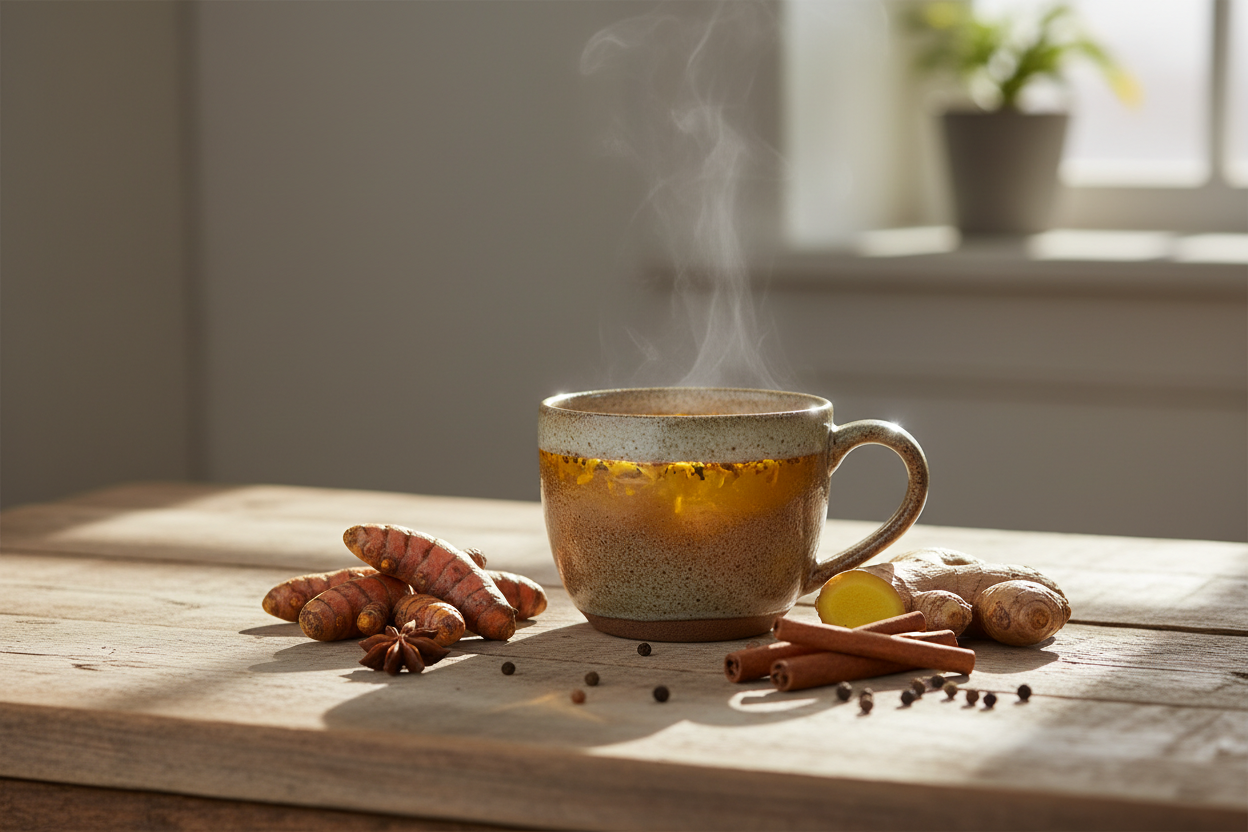 “A serene morning scene with a steaming cup of turmeric, ginger, and cinnamon tea on a wooden table, surrounded by fresh turmeric roots, ginger, and cinnamon sticks, with soft natural sunlight streaming in, evoking wellness, detox, and calm energy.”