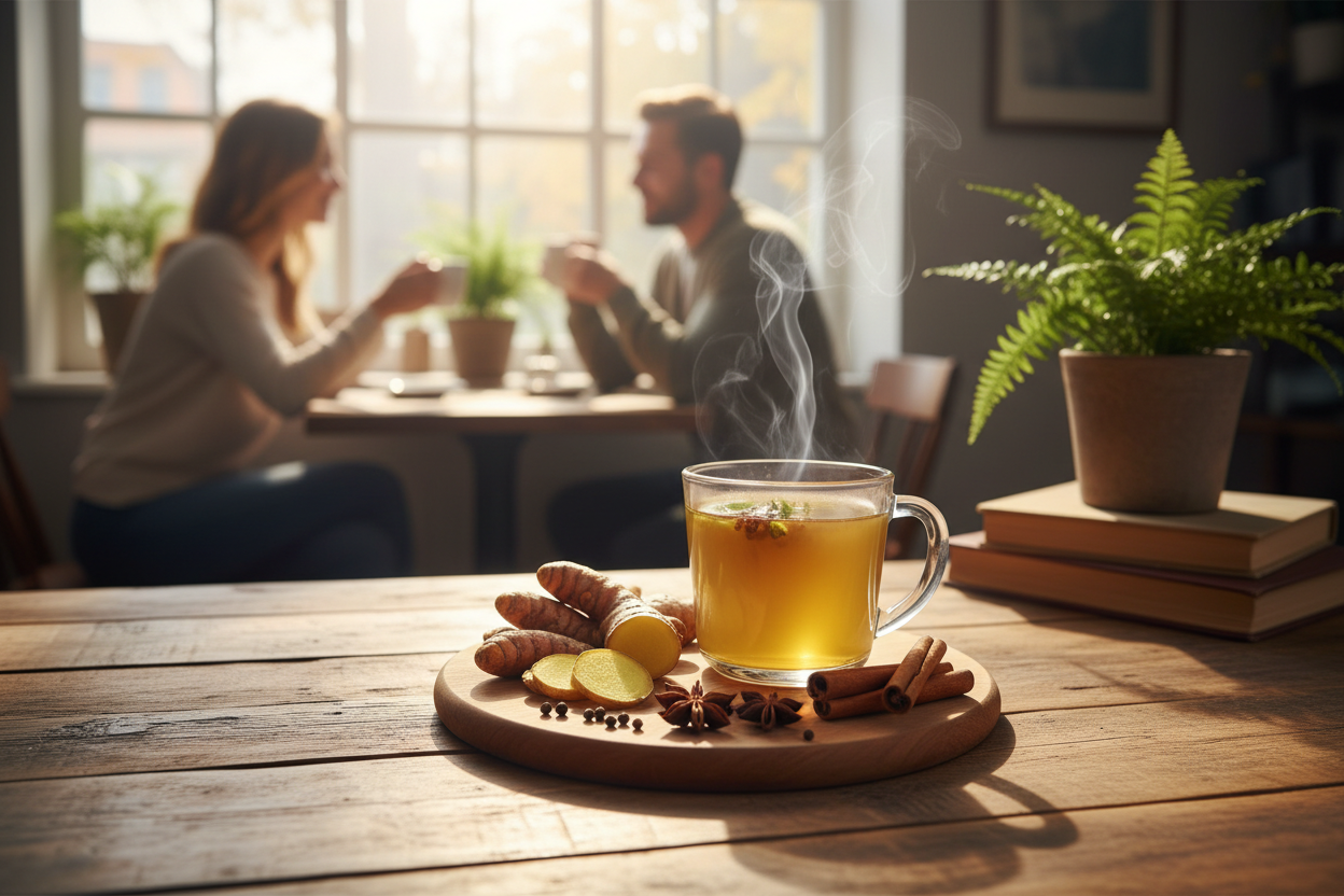 "A serene morning scene with a steaming cup of turmeric ginger cinnamon tea on a wooden table, surrounded by fresh turmeric roots, ginger slices, and cinnamon sticks. Warm natural light, cozy atmosphere, wellness and vitality theme, subtle herbal steam rising, lifestyle-focused, people enjoying tea in the background, vibrant colors."