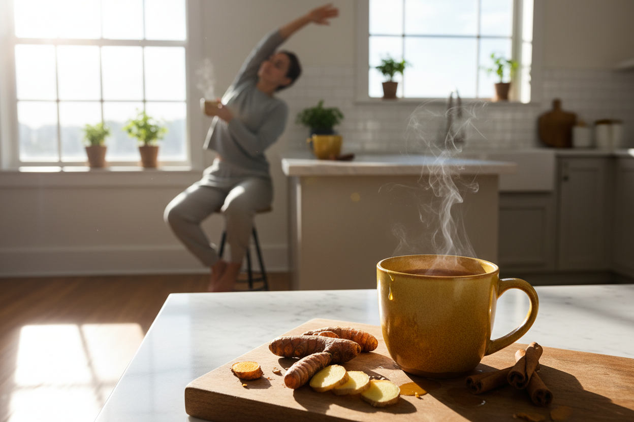 "Bright morning kitchen scene with a steaming cup of turmeric ginger cinnamon tea, surrounded by fresh turmeric, ginger, and cinnamon sticks. Sunlight streaming through a window, vibrant and cozy atmosphere, subtle steam rising, healthy and energized lifestyle, person stretching or enjoying tea in the background."