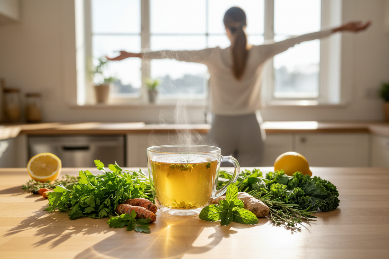 “Bright morning scene with a cup of herbal detox tea on a kitchen counter, surrounded by fresh herbs, roots, and leaves. Soft sunlight streaming in, highlighting the vibrant golden color of the tea. Include a relaxed person stretching or enjoying the drink in the background, emphasizing wellness, energy, and rejuvenation. Minimalistic, natural, and inviting aesthetic.”