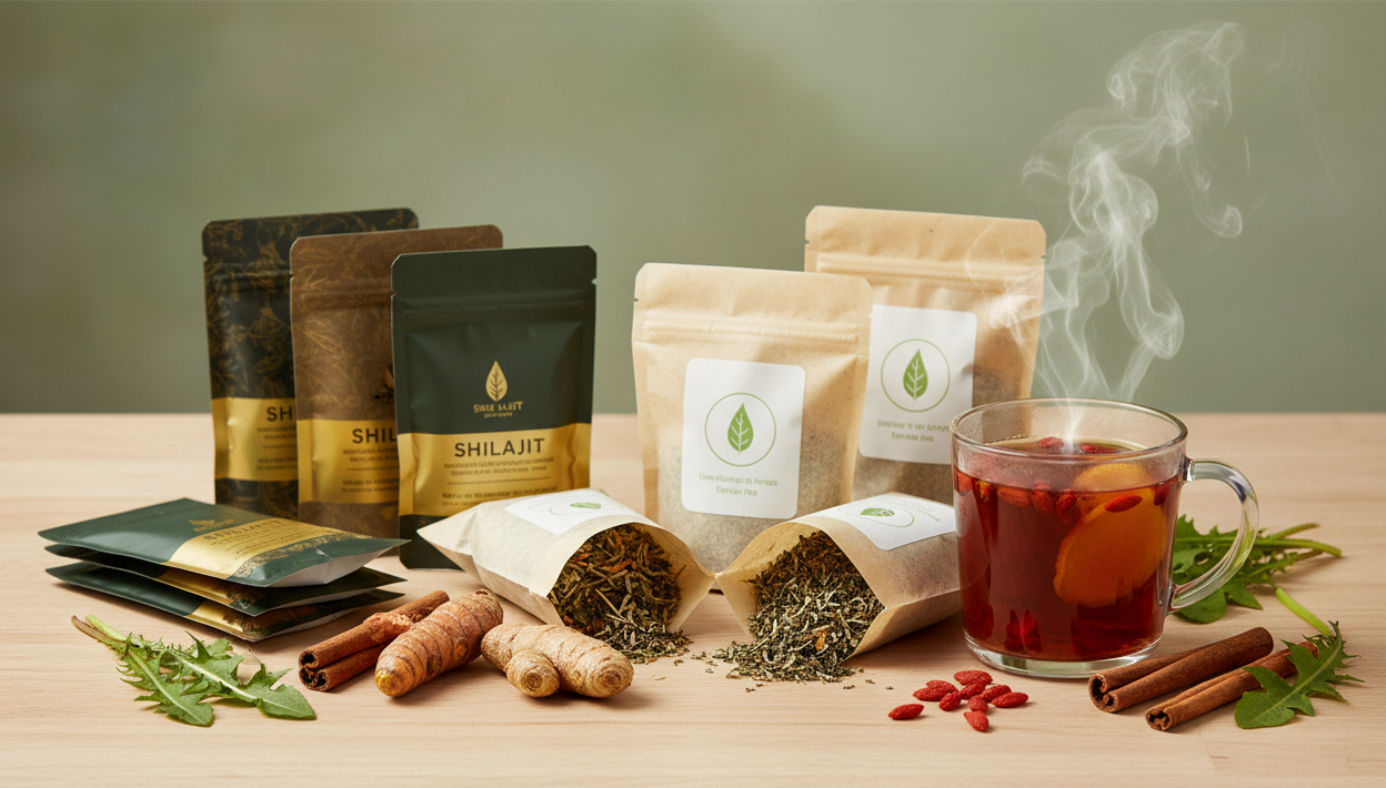 "Clean, natural e-commerce banner for herbal detox and wellness. Show herbal teas, fresh herbs (turmeric, ginger, cinnamon, dandelion, goji berries), a steaming cup of tea, soft green and beige tones, bright natural lighting, premium and trustworthy vibe, website section style."
need packets of silajeet product image to showvcase