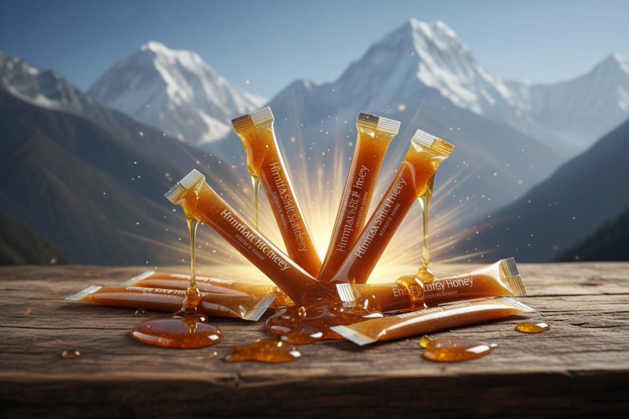 “Close-up of Himalayan Shilajit Energy Honey sticks arranged on a wooden surface, with golden honey dripping and Himalayan mountains in the background. Include subtle glowing light to convey energy, vitality, and natural wellness, highlighting the product’s premium and rejuvenating qualities.”