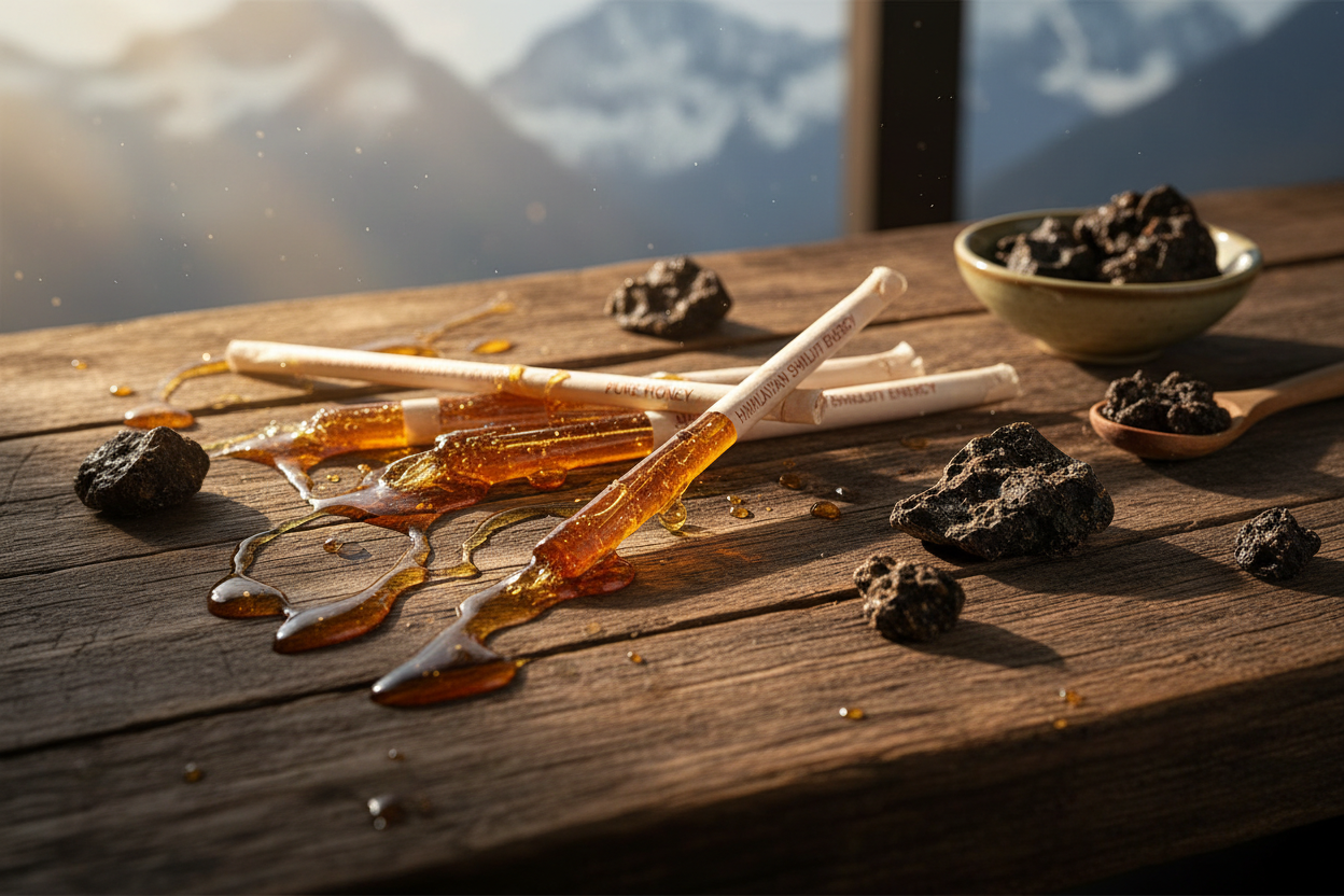 “Close-up of Himalayan Shilajit Energy Honey sticks on a wooden table, surrounded by glowing honey drips and Himalayan mountain minerals, with soft morning sunlight highlighting natural energy, vitality, and wellness. Focus on natural, health-boosting, energizing vibes.”
