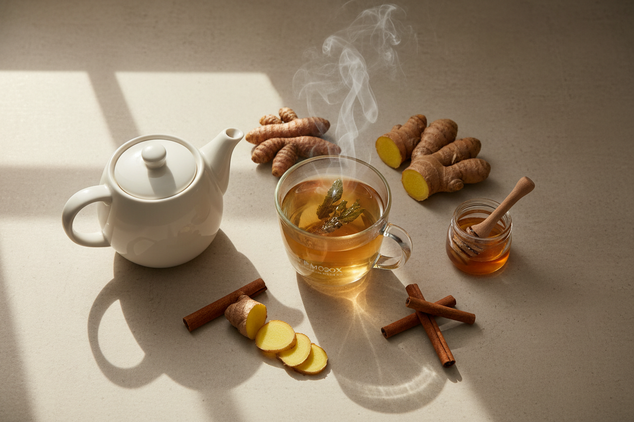 “Cozy wellness flat lay featuring PMOOX Herbal Detox Blend tea in a clear cup steaming gently, surrounded by fresh turmeric, ginger slices, cinnamon sticks, and honey jar. Include a small wooden scoop, teapot, and a neutral kitchen countertop with morning sunlight. Emphasize relaxation, natural detox, and daily ritual lifestyle vibe.”