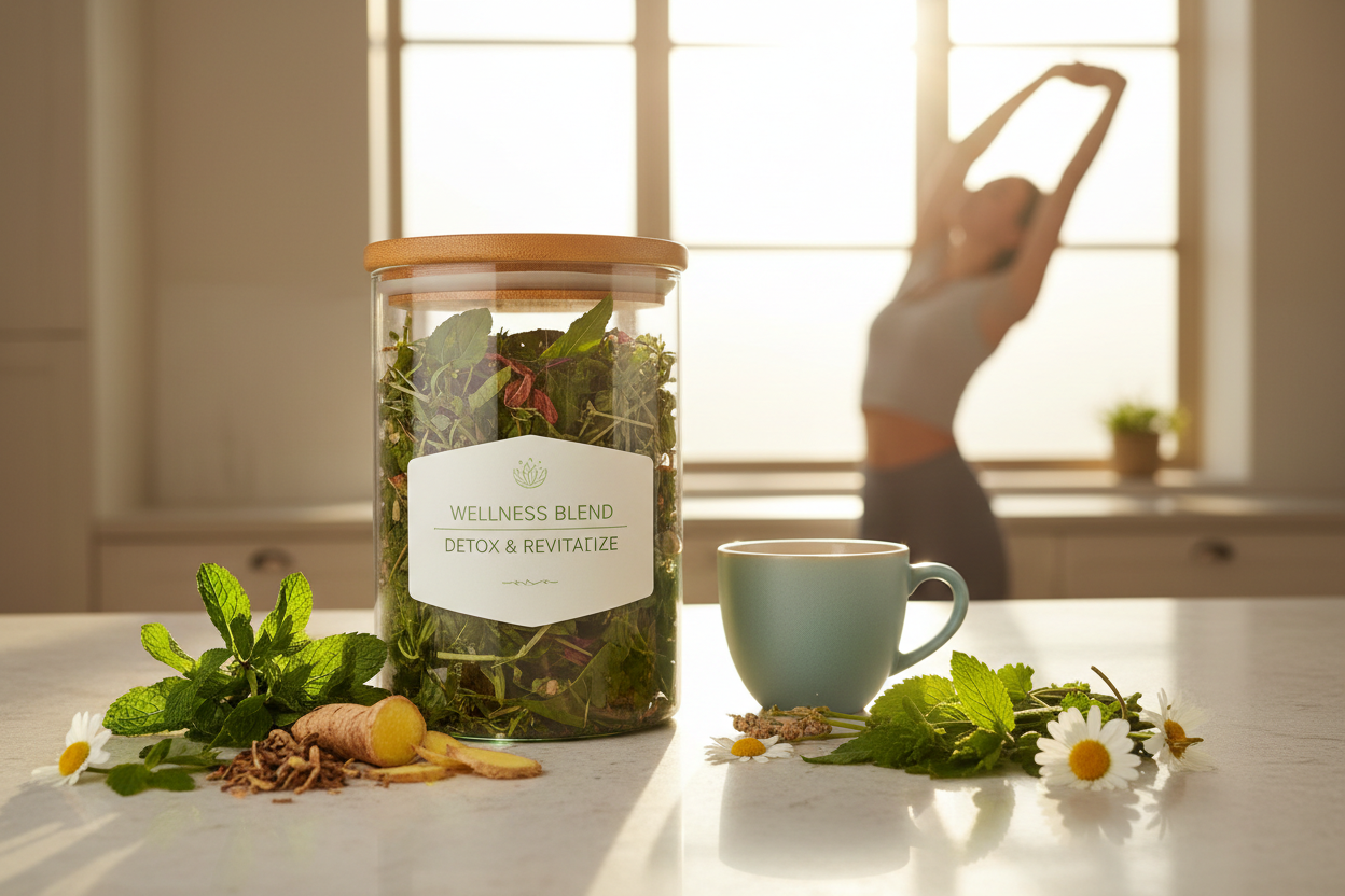“Fresh herbal detox blend in a stylish glass jar, surrounded by natural ingredients like herbs, roots, and leaves, with morning sunlight casting a soft glow. Include a subtle hint of wellness lifestyle—like a cup ready to pour, a serene kitchen counter, and a person in the background stretching or feeling energized. Focus on natural, clean, vibrant colors, minimalistic yet inviting composition.”