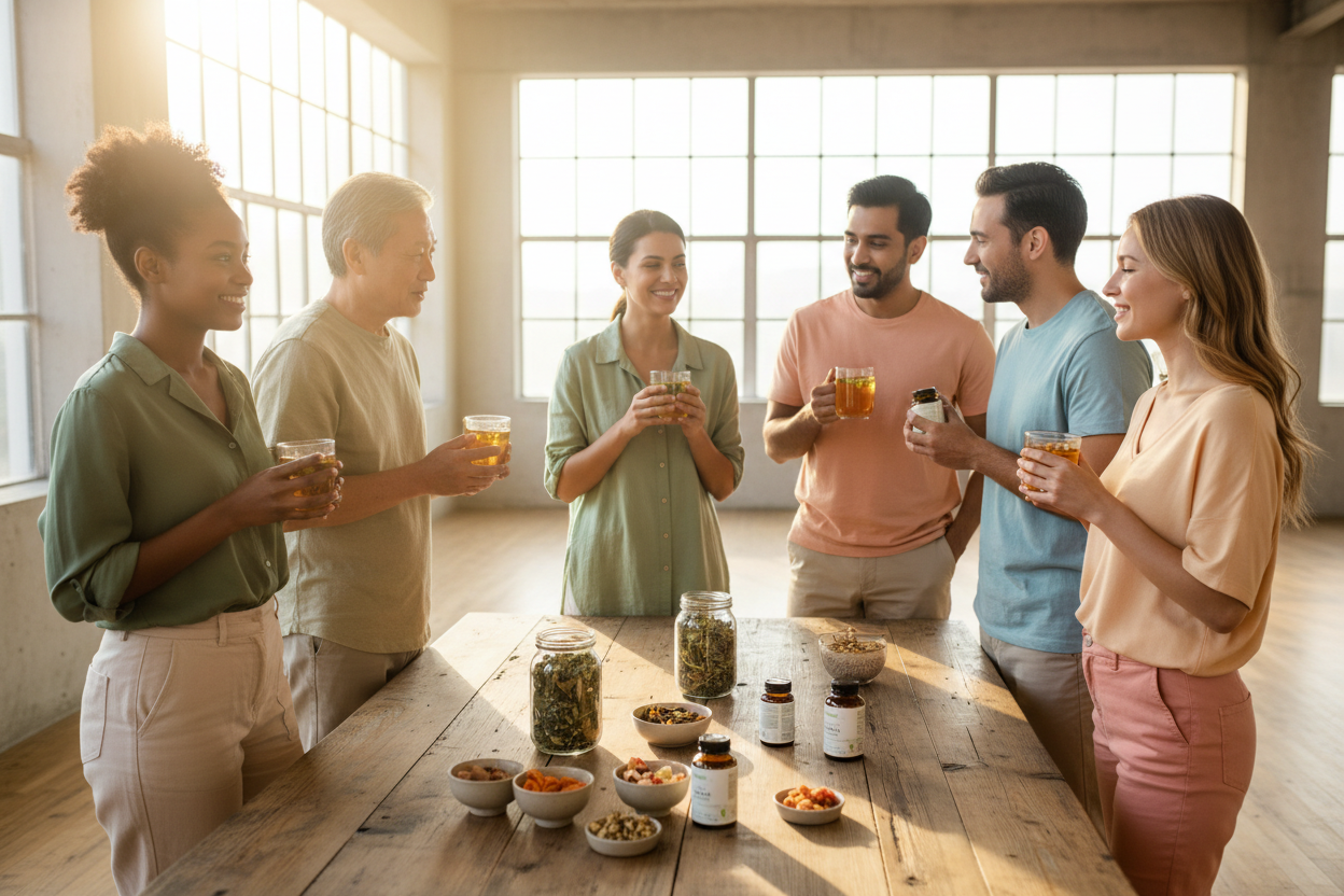 “Healthy lifestyle concept with diverse people enjoying herbal wellness products, including teas and supplements, bright natural light, clean modern setting, focus on vitality and wellbeing, lifestyle photography, vibrant but soft tones, product subtly visible in hands or on table.”