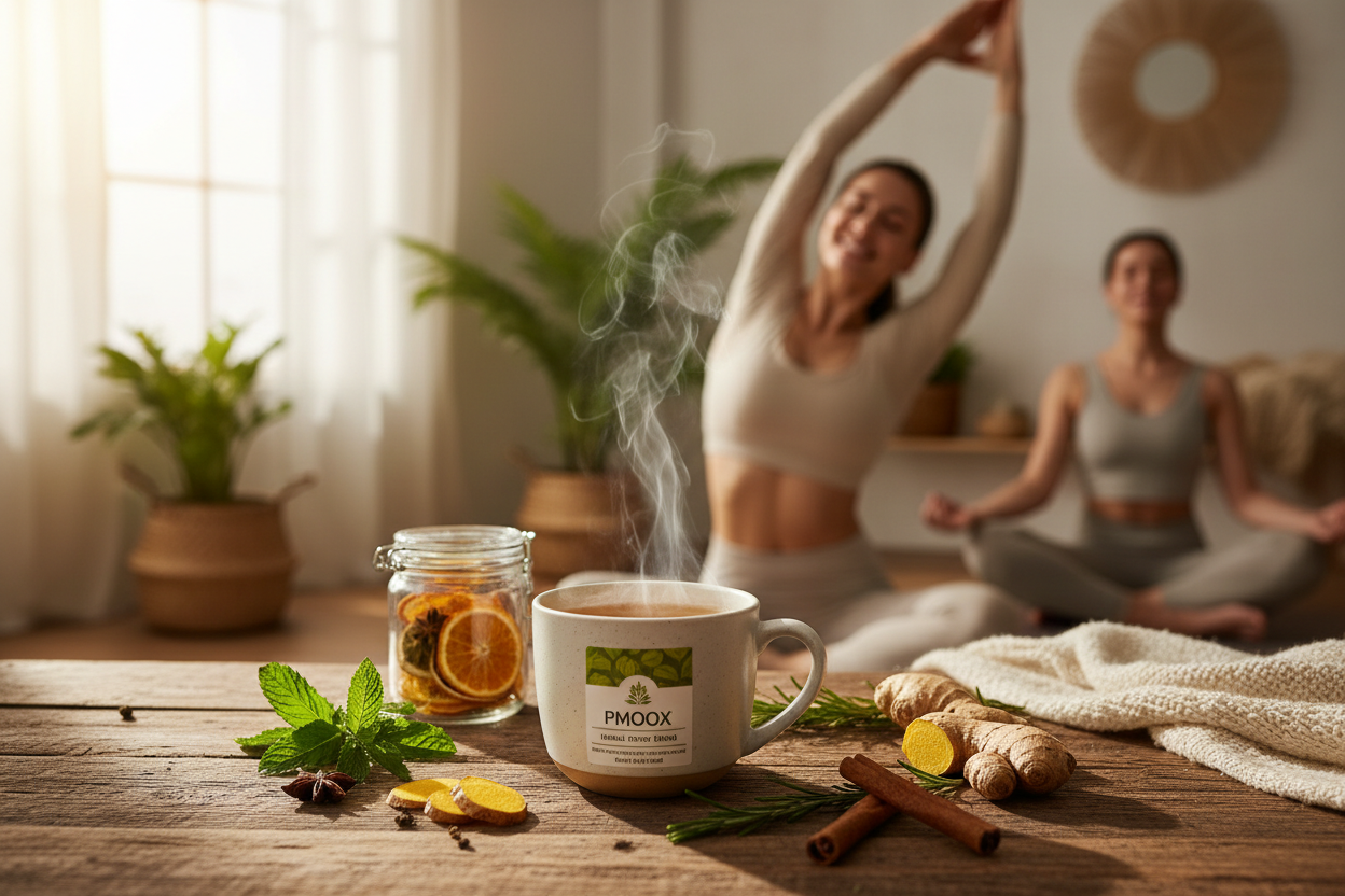 “Morning wellness scene with a steaming cup of PMOOX Herbal Detox Blend tea on a wooden table, surrounded by fresh herbs, turmeric, ginger, and cinnamon sticks. Soft sunlight streaming in, highlighting the warm golden tones of the tea. A happy, healthy person in the background stretching or meditating, radiating energy and vitality. Natural, calming, and uplifting aesthetic, focused on detox, wellness, and rejuvenation.”
