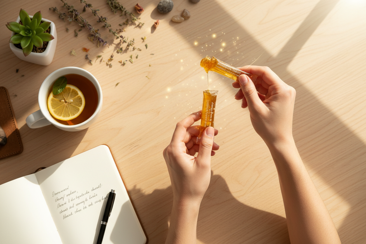 “Top-down view of a person enjoying Himalayan Shilajit Energy Honey sticks at a morning workspace, surrounded by a cup of herbal tea, a notebook, and sunlight streaming in. Include subtle golden highlights around the honey sticks to emphasize energy, natural vitality, and premium quality.”