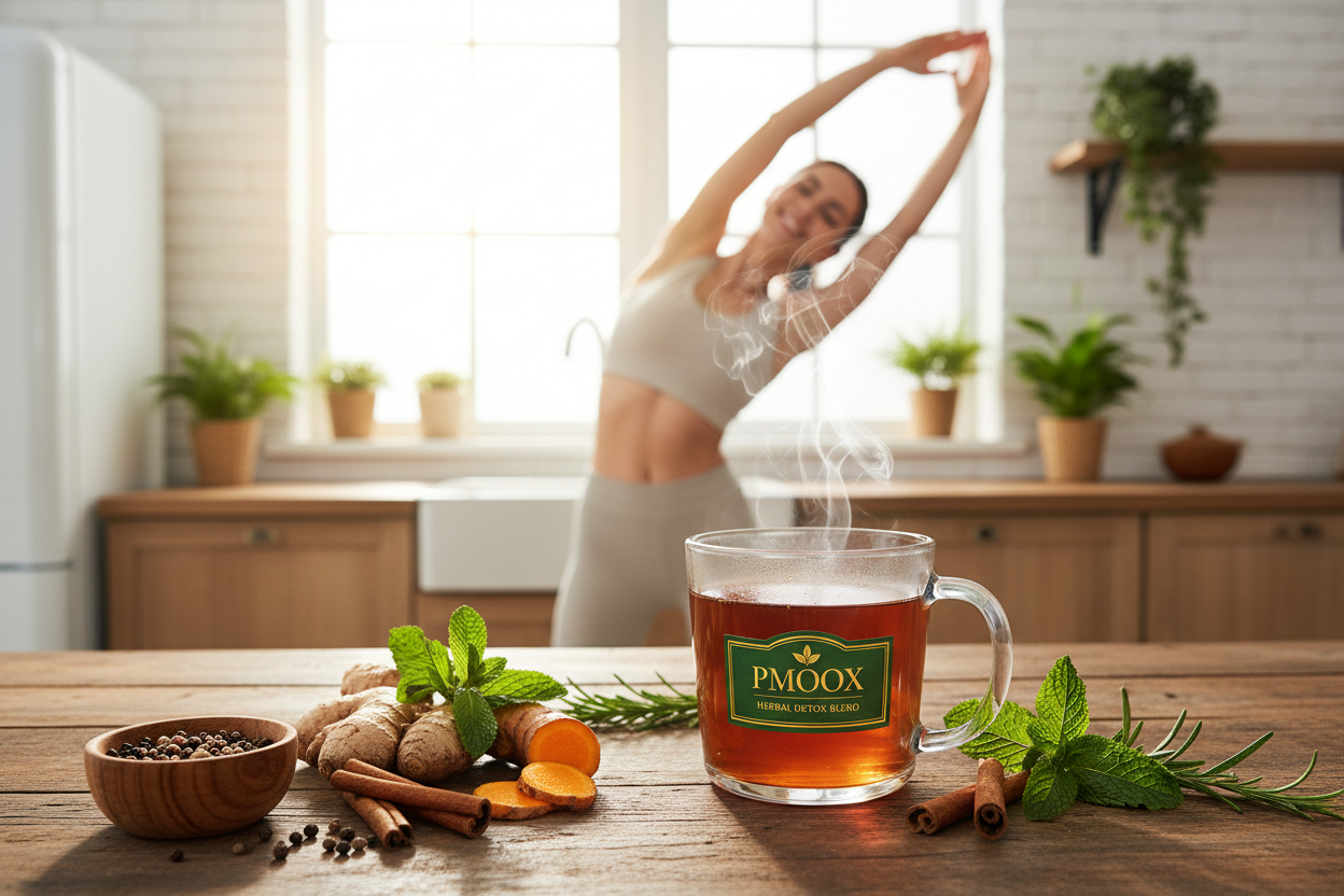 “Vibrant morning kitchen scene with PMOOX Herbal Detox Blend tea in a clear cup, steam rising gently. Surrounding ingredients like turmeric, ginger, cinnamon, and fresh herbs arranged aesthetically. A smiling, healthy person stretching or doing light yoga in the background, sunlight pouring through the window. Focus on wellness, energy, and detoxification, with a calm and natural color palette emphasizing health and vitality.”